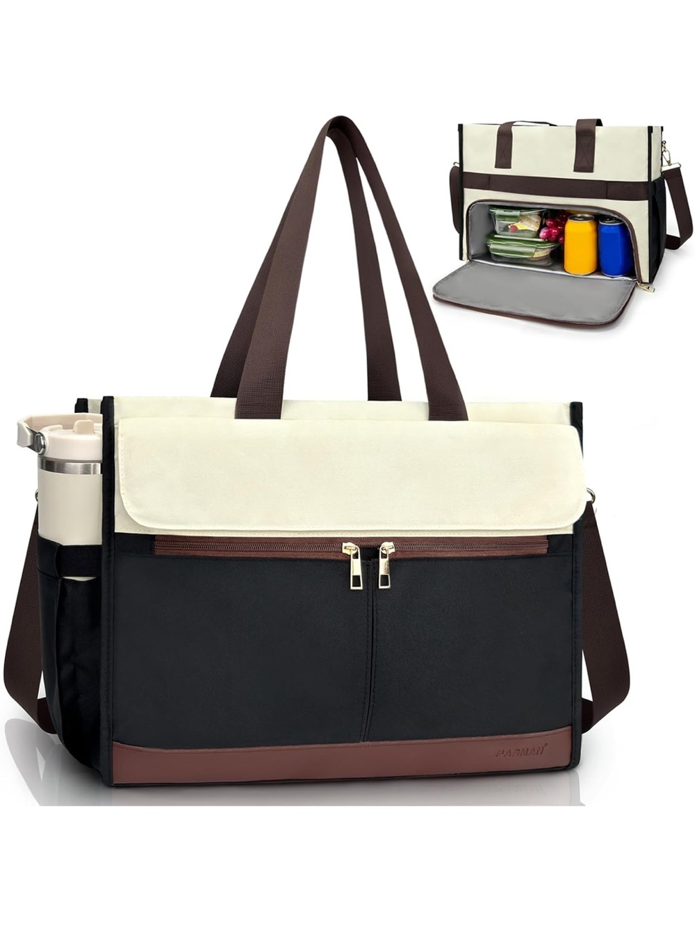 Insulated Black and Cream Lunch Tote with Brown Accents